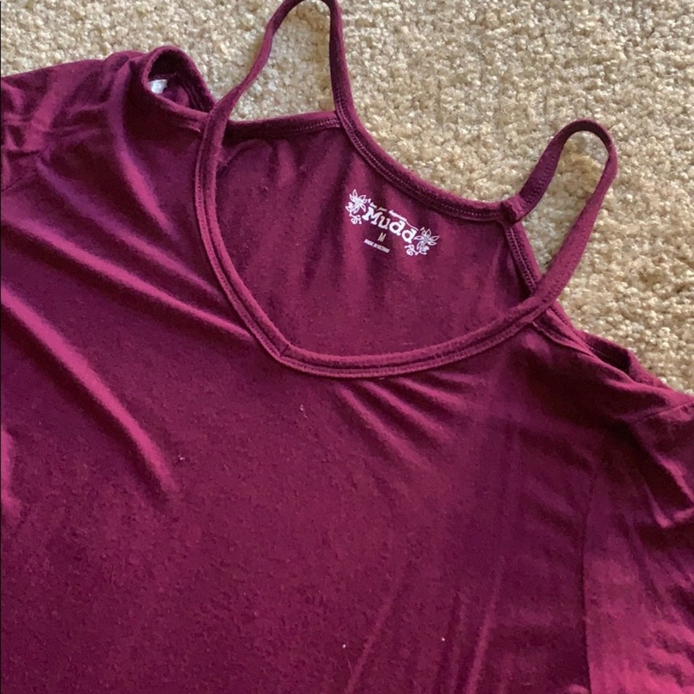 Open shoulder purple shirt